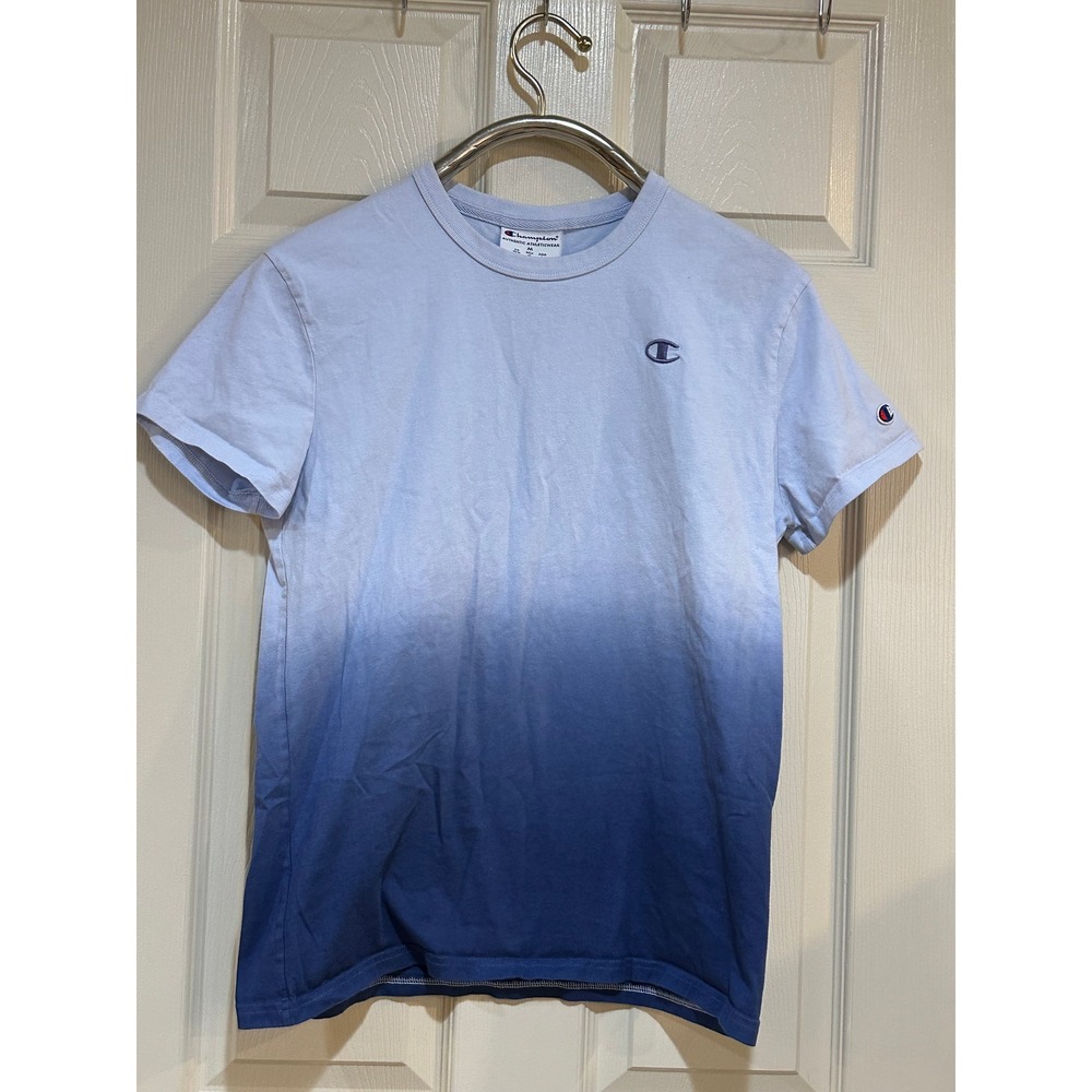 Champion‎ Mens Blue Ombre Dip Dye Short Sleeve T-Shirt Size Medium Athletic Logo - Picture 1 of 7